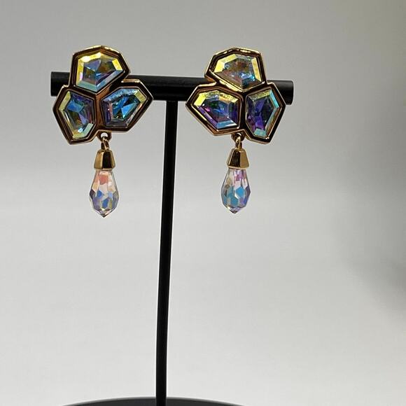 Swarovski Swan Vintage Aurora Borealis Crystal Dangle Chandelier Stud Earrings - Picture 2 of 11